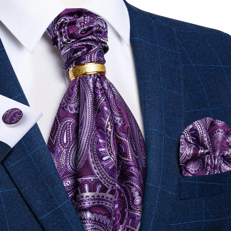 Stylish men's tie-Purple Paisley Silk Cravat Woven Ascot Tie Pocket Square Cufflinks With Tie Ring Set