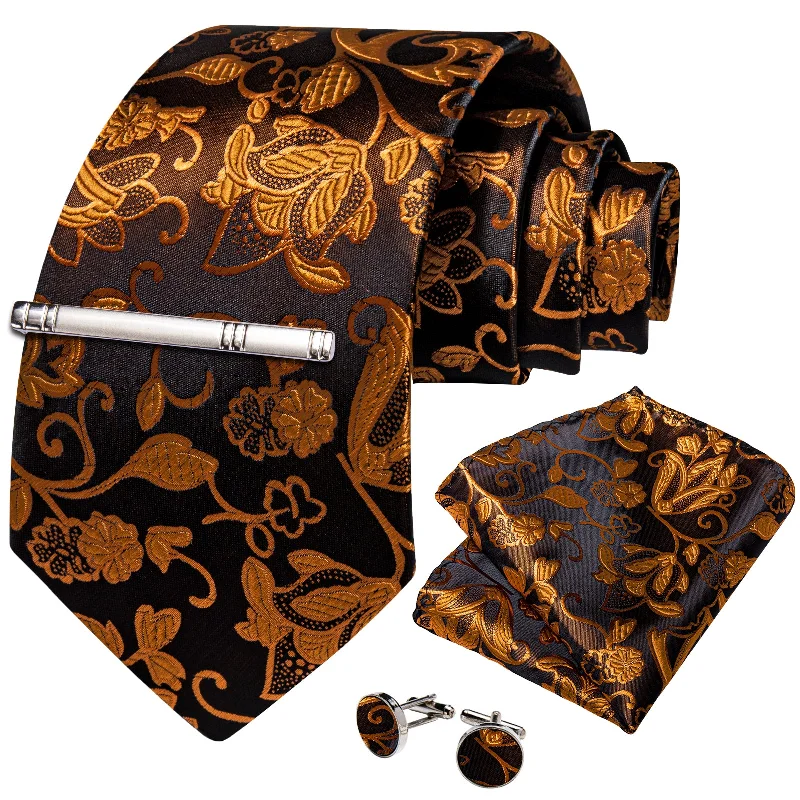 Men's tie with subtle stripes-Golden Floral Men's Tie Handkerchief Cufflinks Clip Set