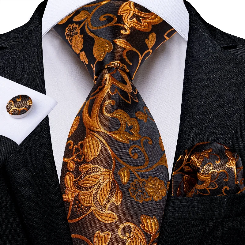 Best men's tie for church events-Golden Floral Men's Tie Pocket Square Handkerchief Set