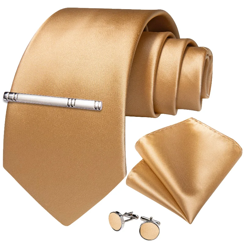 Men's tie with unique textures-Champagne Golden Solid Men's Tie Handkerchief Cufflinks Clip Set