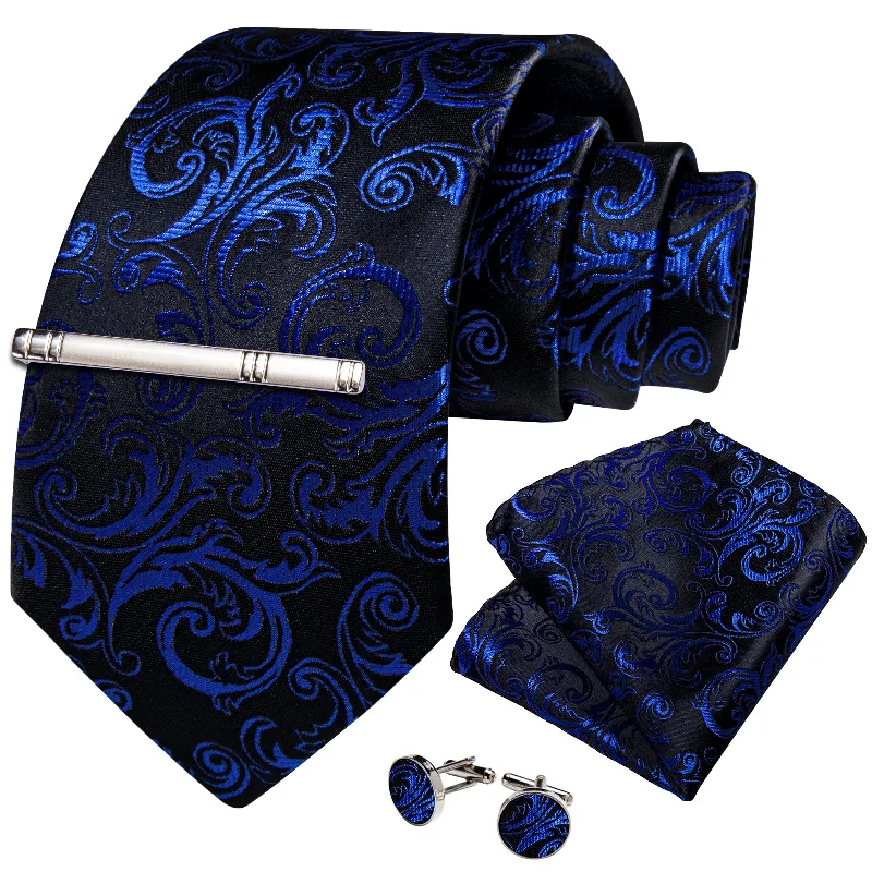 Cool design men's tie-Black Blue Floral Men's Tie Handkerchief Cufflinks Clip Set