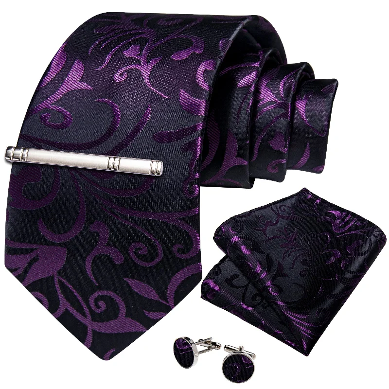 Men's tie for Thanksgiving-Blac Purple Floral Men's Tie Handkerchief Cufflinks Clip Set