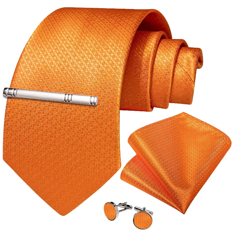 Men's tie with a contrasting stripe-Orange Red Solid Men's Tie Handkerchief Cufflinks Clip Set