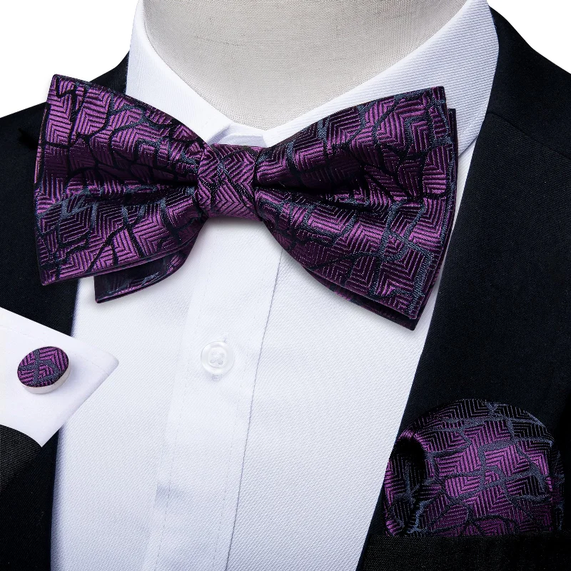 Men's bow tie vs necktie-Purple Black Striped Silk Men's Pre-Bowtie Pocket Square Cufflinks Set