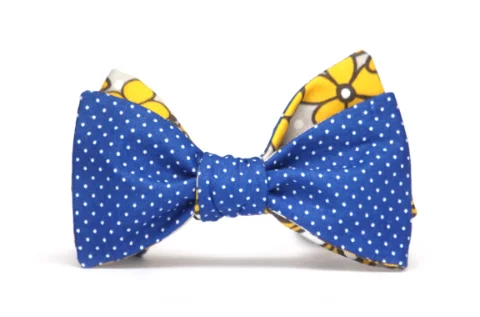 Men's tie for interviews-Blue Polka Dot Yellow Floral Reversible Self-Tie Bow Tie