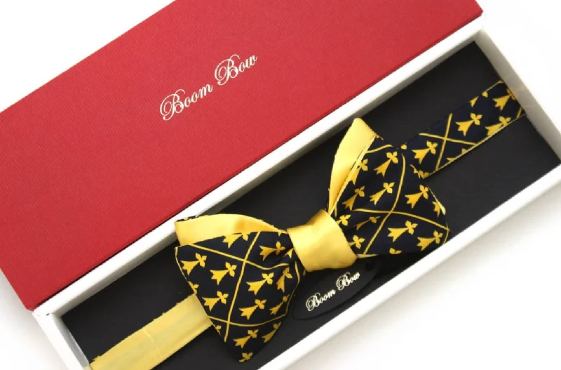 Men's tie for summer-Black Ornament Yellow Silk Reversible Self-Tie Bow Tie