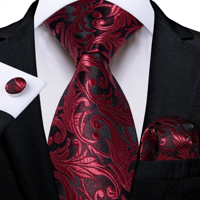 Men's tie with bold geometric design-Red Floral Men's Tie Pocket Square Handkerchief Set