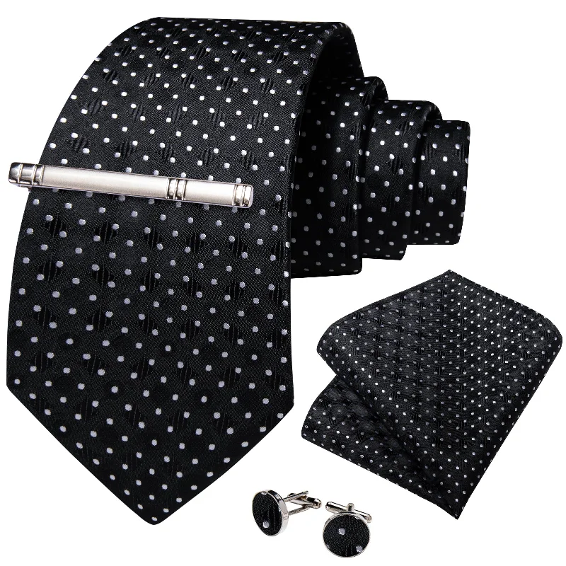 Solid color men's tie-Black White Polka Dot Men's Tie Handkerchief Cufflinks Clip Set