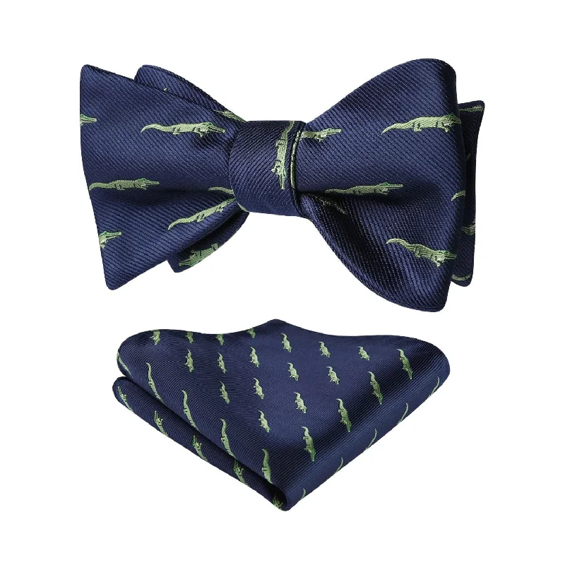 Unique men's necktie for special events-Crocodile Bow Tie & Pocket Square - NAVY