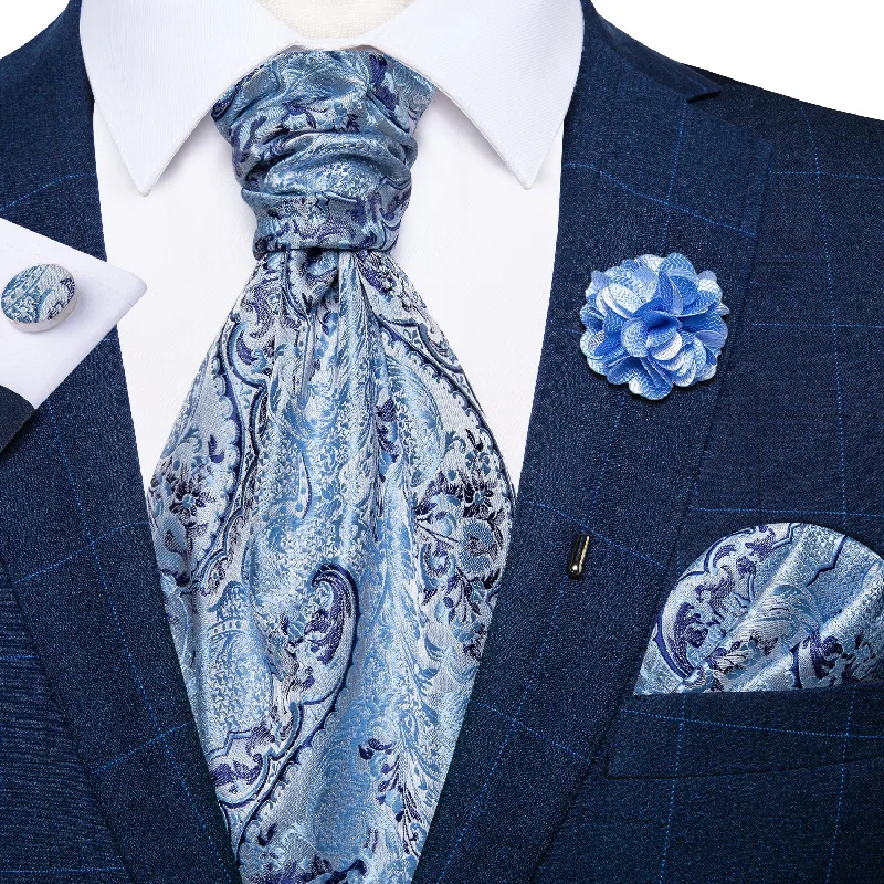 Affordable men's tie with patterns-Cyan-blue Floral Silk Cravat Woven Ascot Tie Pocket Square Handkerchief Suit with Lapel Pin Brooch Setlora