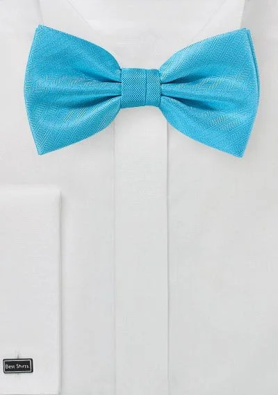 Men's tie for a graduation-Cyan Blue Herringbone Bowtie