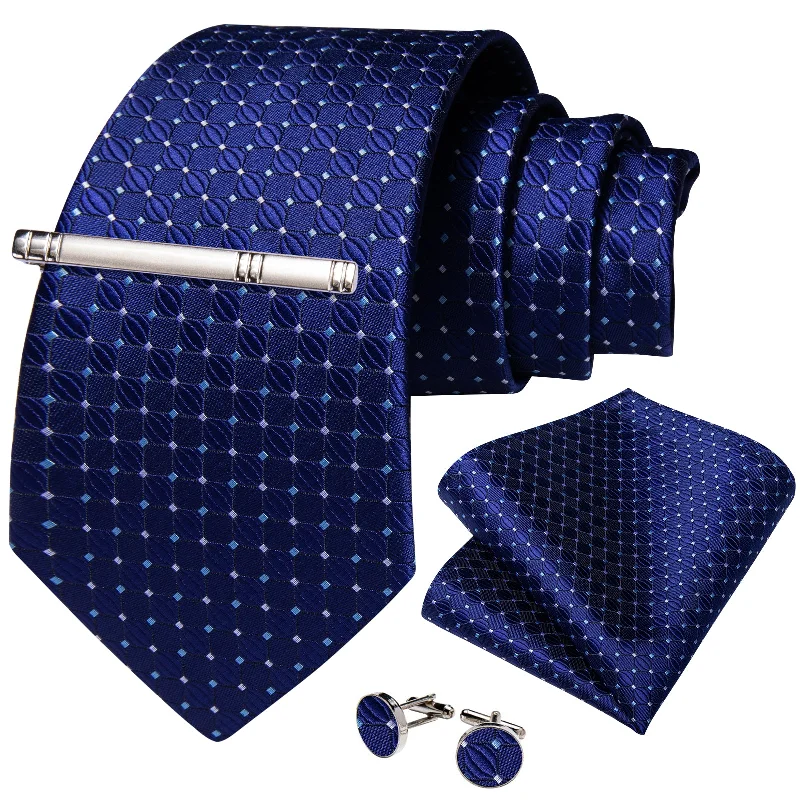 Luxury men's tie for wedding-Dark Blue Dotted Men's Tie Handkerchief Cufflinks Clip Set