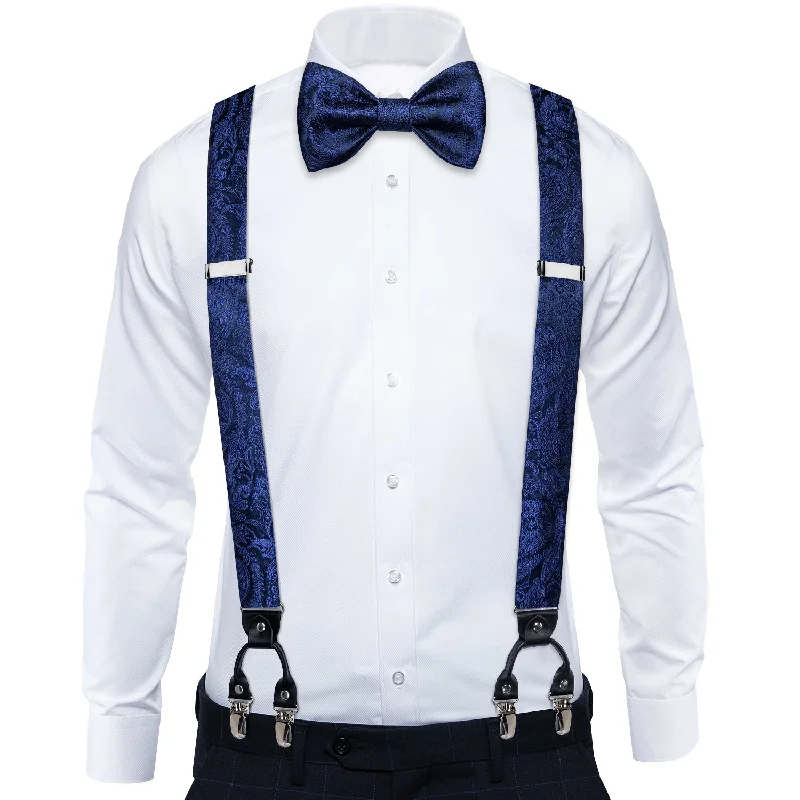 Men's plaid tie-Dark Blue Floral Brace Clip-on Men's Suspender with Bow Tie Set