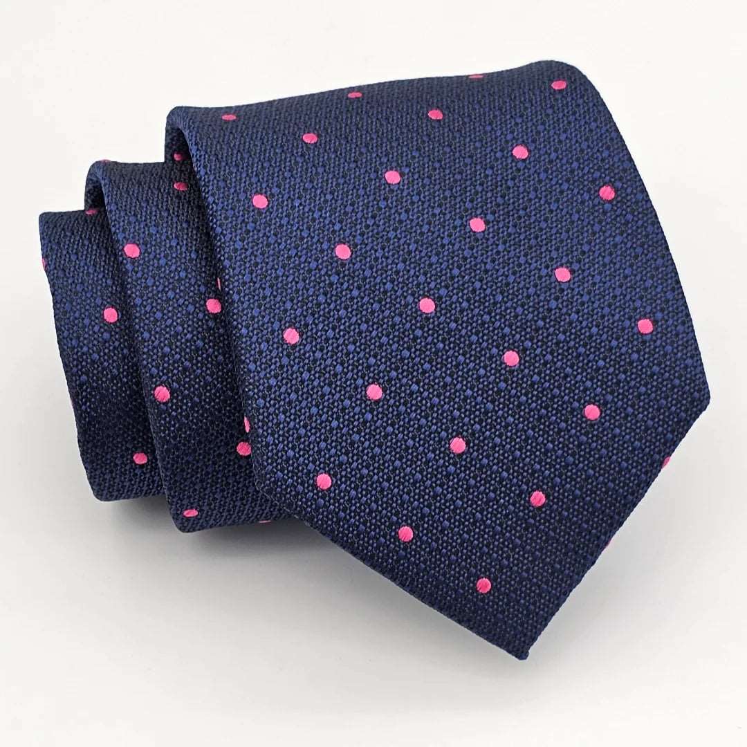 Men's tie with a sophisticated pattern-Dark Blue on Pink Dot Tie with Pocket Square