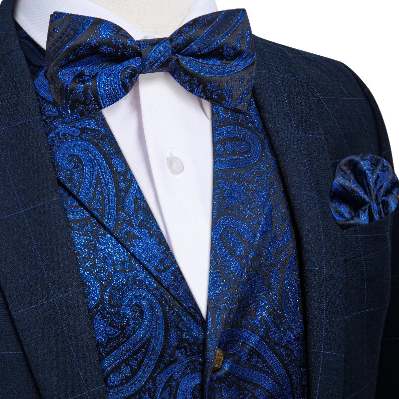 Men's tie with minimalistic pattern-Dark Blue Paisley Jacquard Waistcoat Vest BowTie Pocket Square Cufflinks Set