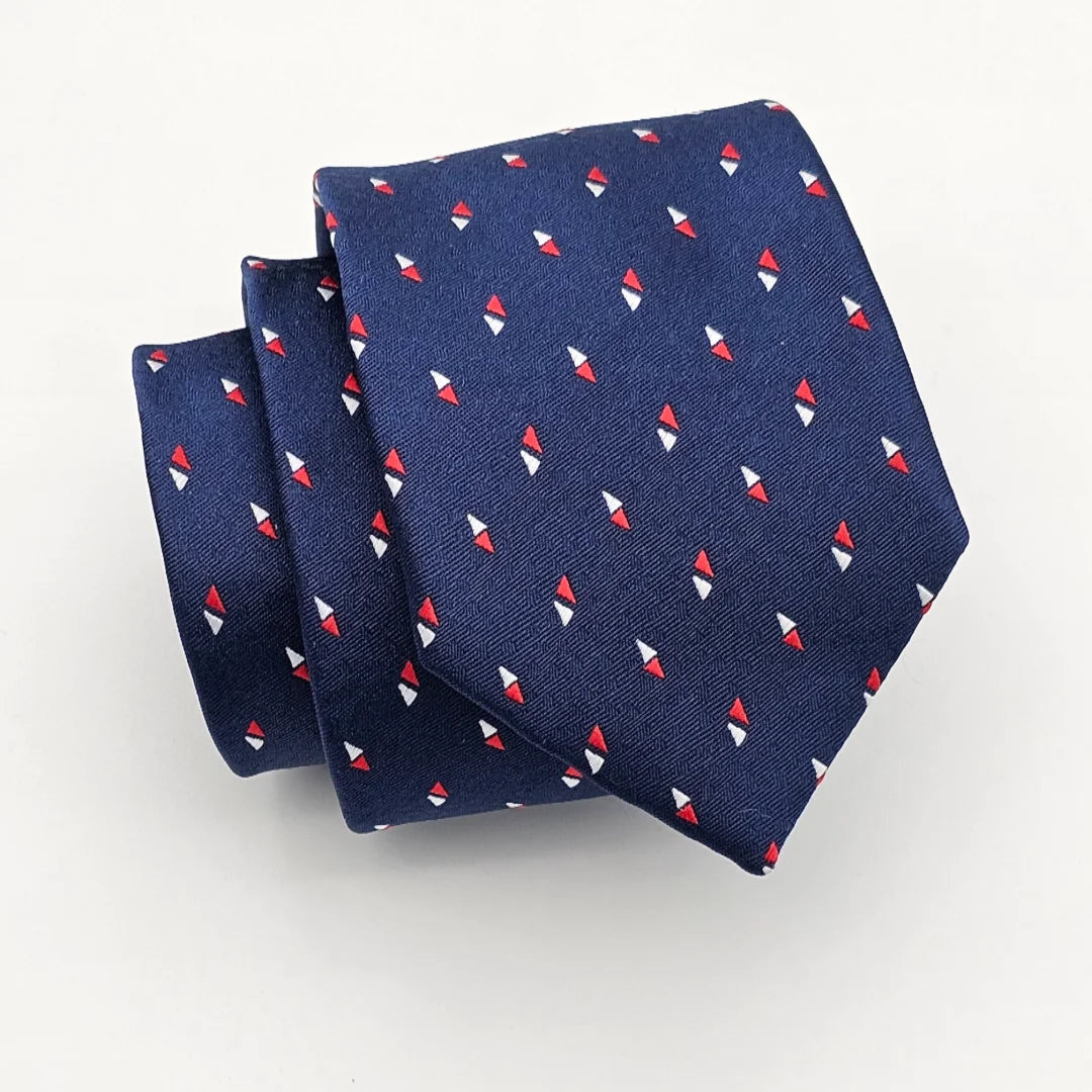 Men's silk tie with a refined texture-Dark Blue Tie Red n White Detail with Pocket Square