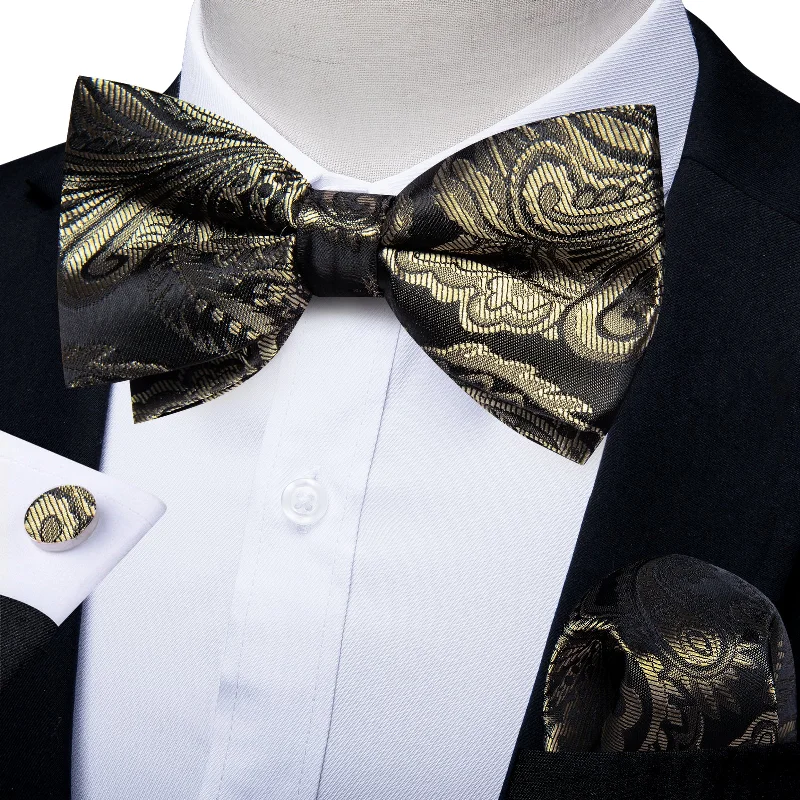 Fashionable men's tie for the office-Dark Gold Floral Silk Men's Pre-Bowtie Pocket Square Cufflinks Set