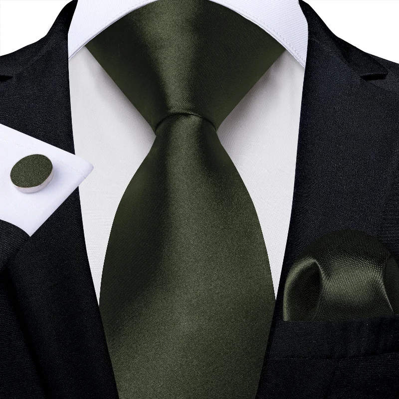 Men's necktie for fashion events-Dark Green Solid Men's Tie Handkerchief Cufflinks Set