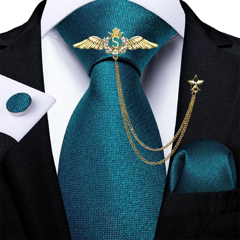 Men's tie for elegant weddings-Dark Green Solid Tie Handkerchief Cufflinks Set With Wing Lapel Pin Set