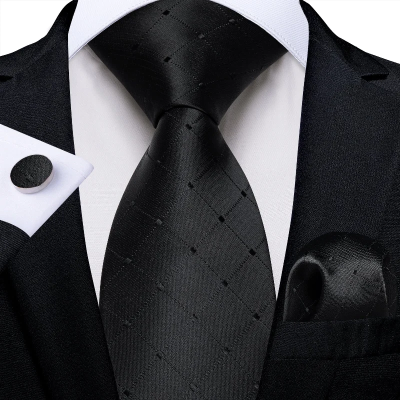 Men's tie for a corporate look-DiBanGu Black Tie Dotted Plaid Men's Tie Handkerchief Cufflinks Set