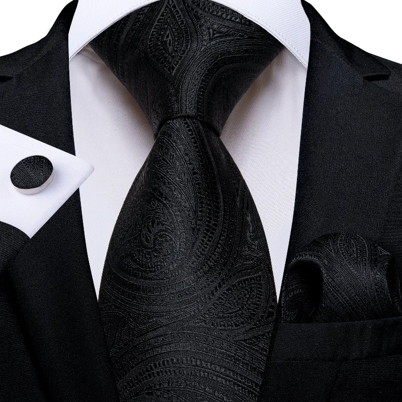 Men's tie with premium fabric-DiBanGu Black Tie Floral Men's Tie Pocket Square Handkerchief Set