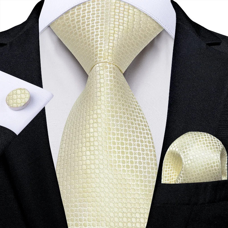 Men's tie for office wear-DiBanGu Champagne Tie Cream Geometric Men's Tie Pocket Square Cufflinks Set