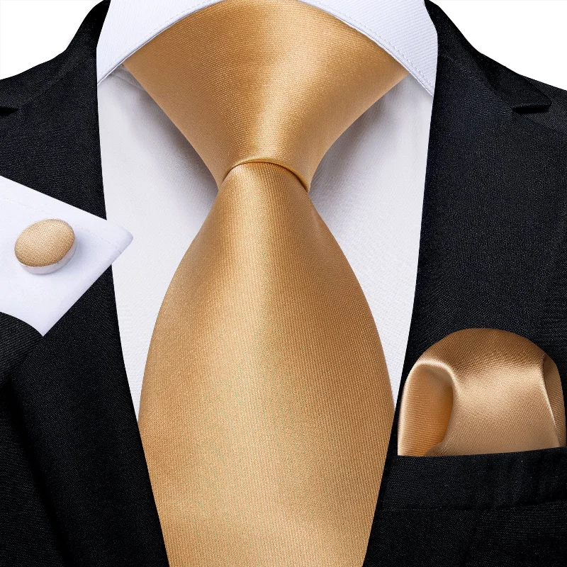 Men's tie for a corporate look-DiBanGu Champagne Tie Golden Solid Men's Tie Pocket Square Cufflinks Set