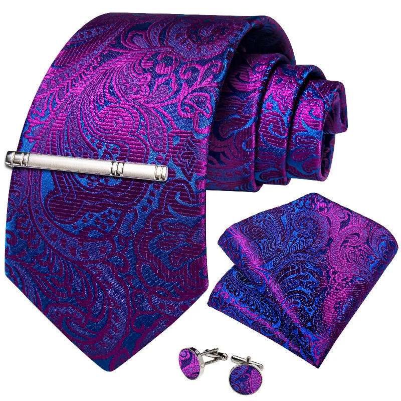 Men's tie for black tie occasions-DiBanGu Floral Tie Blue Purple Men's Silk Tie Hanky Cufflinks Clip Set