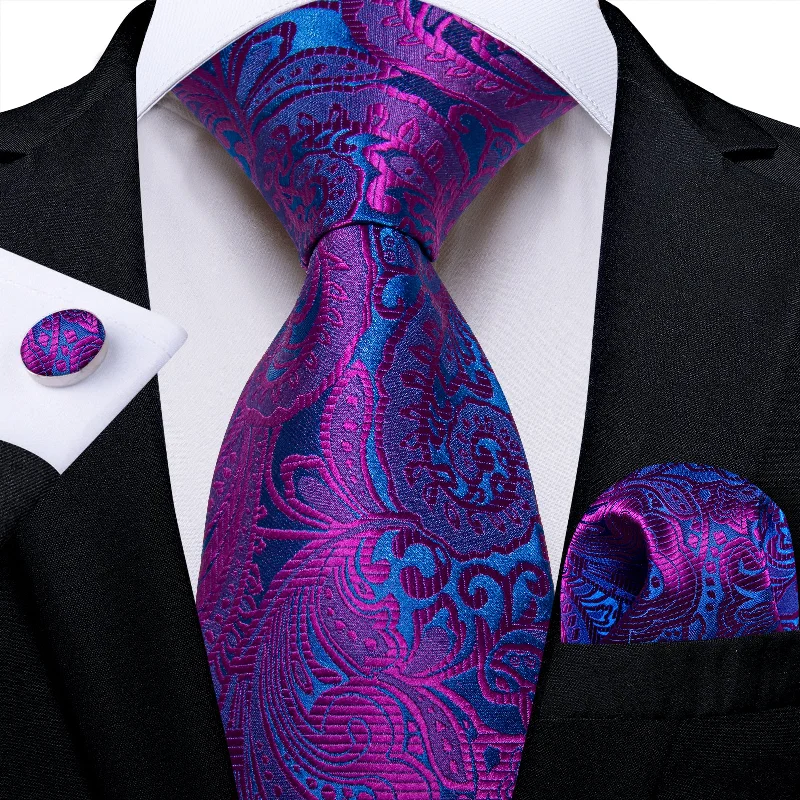 Men's necktie for upscale dining-DiBanGu Floral Tie Blue Purple Men's Silk Tie Hanky Cufflinks Set Fashion