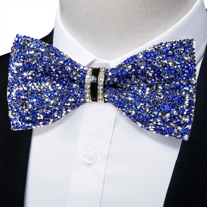 Men's tie with floral print-DiBanGu Imitation Crystal Bowtie Gorgeous Plastic Blue Silver Diamond Men's Pre-Bow Tie