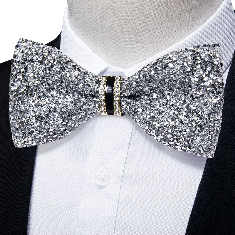 Men's tie with paisley pattern-DiBanGu Imitation Crystal Bowtie Gorgeous Plastic Silver Diamond Men's Pre-Bow Tie