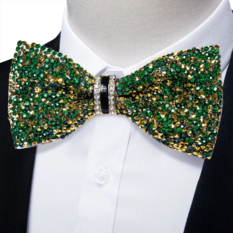 Men's plaid tie-DiBanGu Imitation Crystal Bowtie Green Golden Diamond Men's Pre-Bow Tie