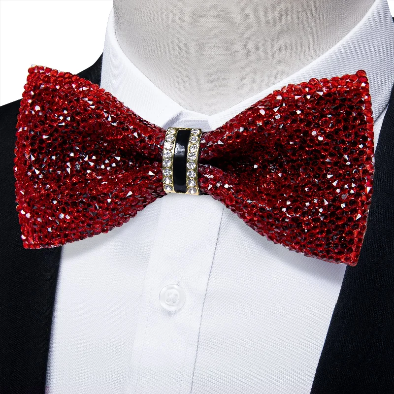 Men's tie with bold stripes-DiBanGu Imitation Crystal Bowtie Plastic Red Silver Diamond Men's Pre-Bow Tie