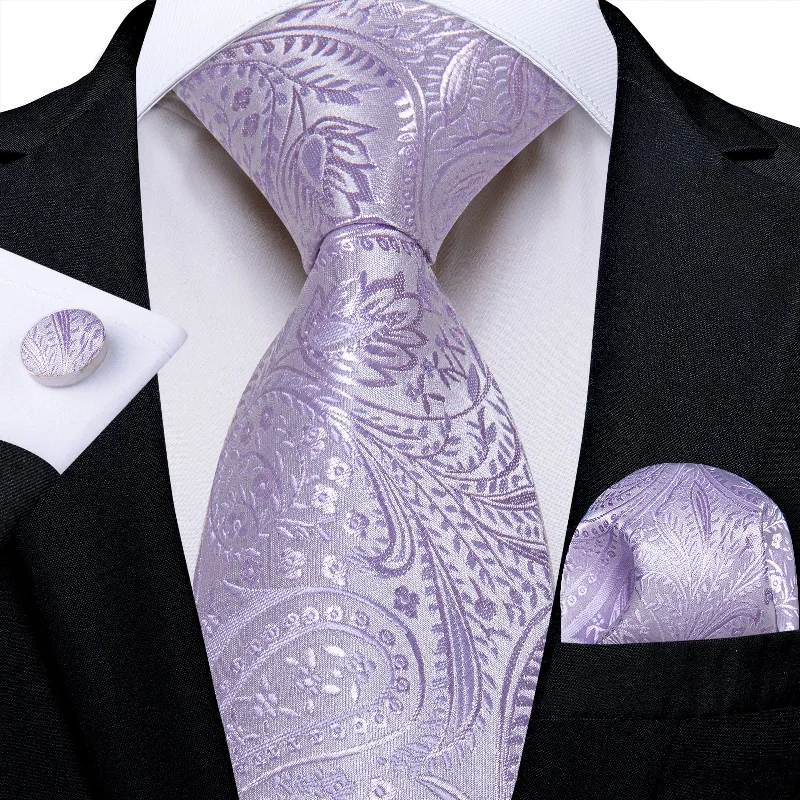 Men's formal tie for night events-DiBanGu Lavender Purple Paisley Men's Tie Handkerchief Cufflinks Set