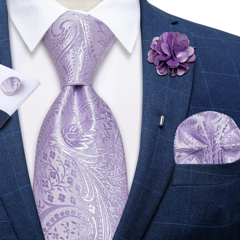 Designer men's ties-DiBanGu Lavender Purple Paisley Men's Tie Set With Lapel Pin Brooch