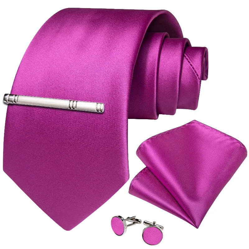 Unique men's necktie for special events-DiBanGu Magenta Purple Solid Men's Tie Handkerchief Cufflinks Clip Set