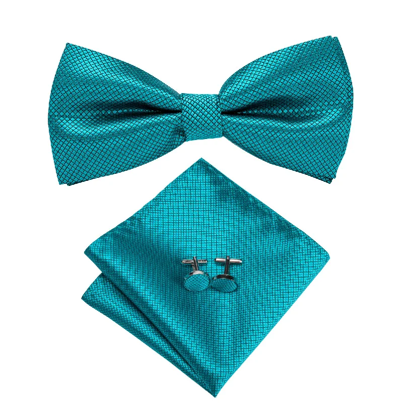 Men's tie with light blue color-DiBanGu Mens Bow Tie Teal Green Solid Bowtie Pocket Square Cufflinks Set