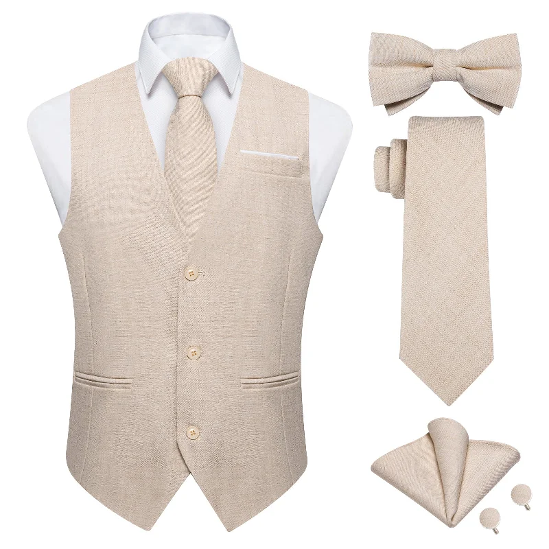 Men's tie with a solid color-DiBanGu Mens Suit Vest Khaki Solid Jacquard V Neck Vest Necktie Bow Tie Handkerchief Cufflinks Set