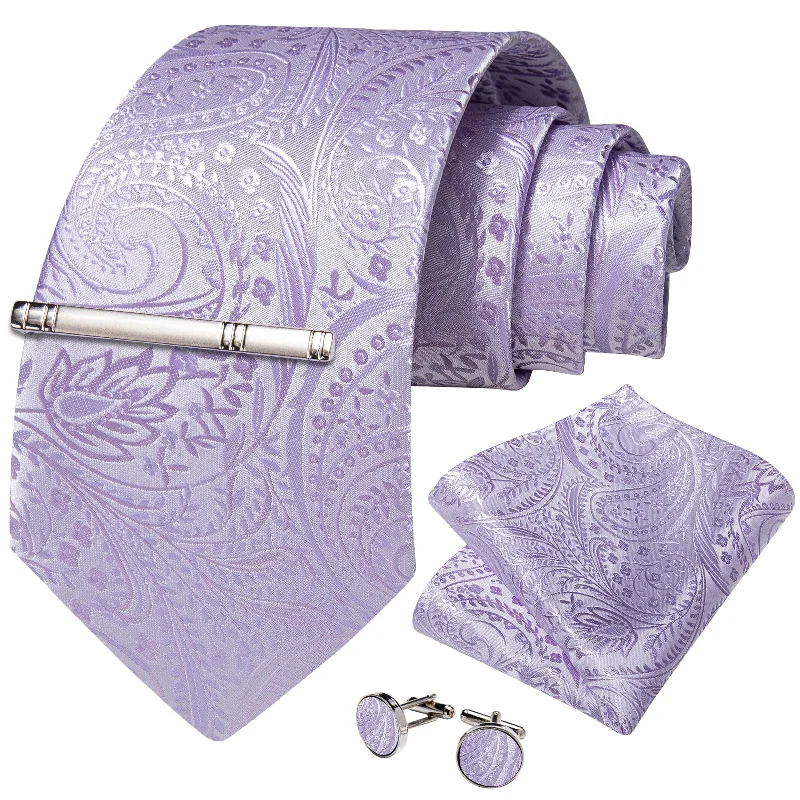 Popular men's tie designs-DiBanGu Paisley Tie Periwinkle Purple Men's Silk Tie Hanky Cufflinks Tie Clip Set