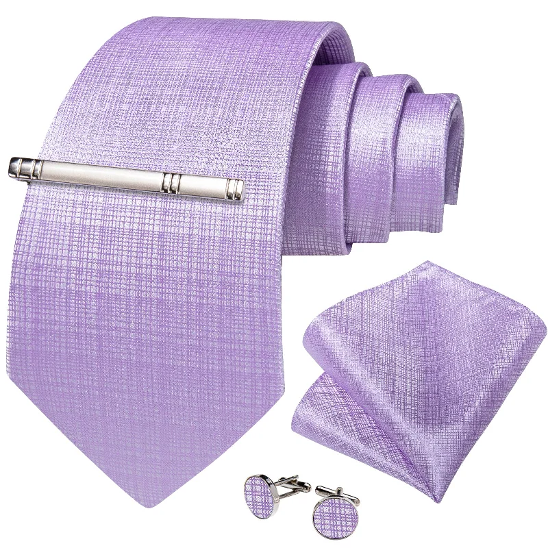 Men's business tie for interviews-DiBanGu Plaid Tie Thistle Purple Men's Silk Tie Hanky Cufflinks Tie Clip Set