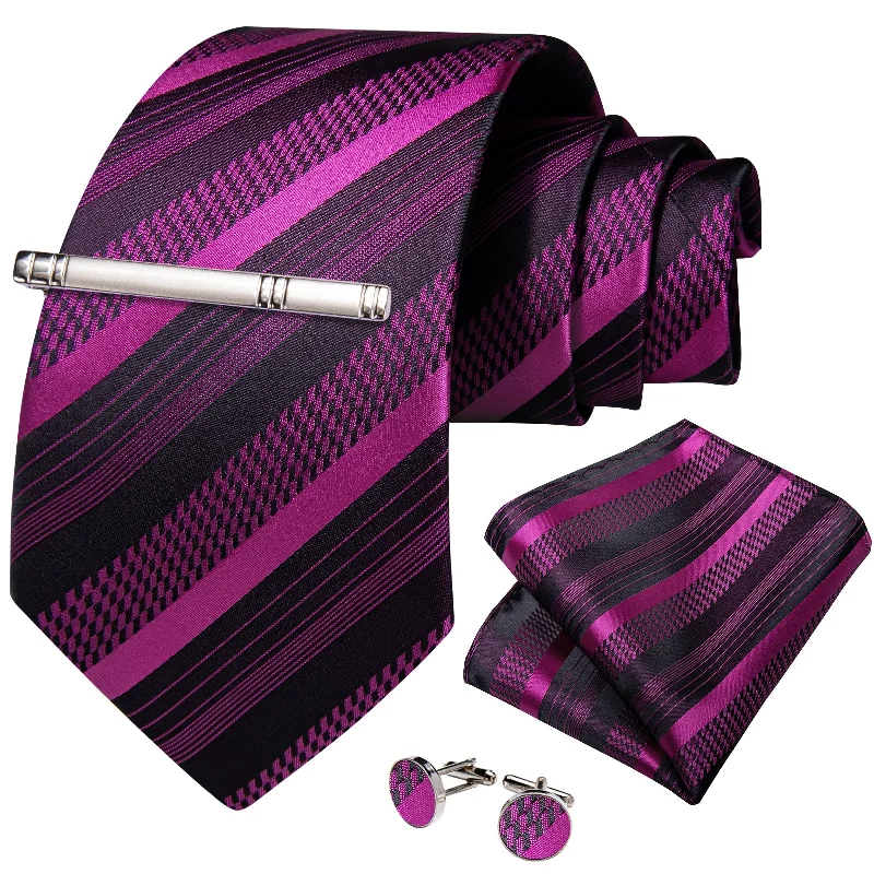 Elegant men's necktie for business events-DiBanGu Purple Tie Black Striped Men's Tie Handkerchief Cufflinks Clip Set