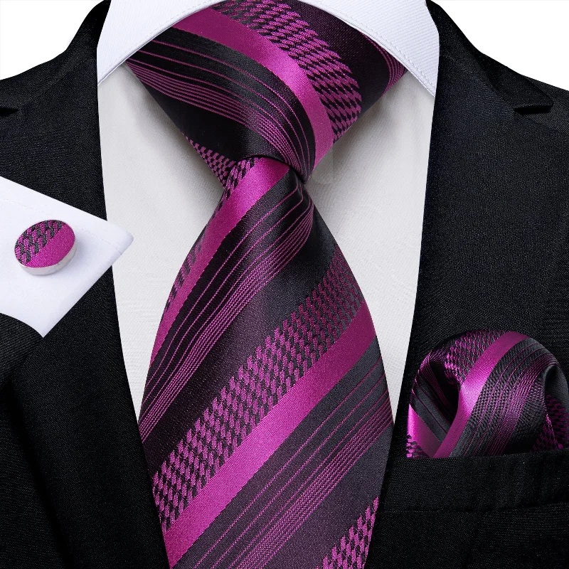 Classic men's silk necktie-DiBanGu Purple Tie Black Striped Men's Tie Handkerchief Cufflinks Set