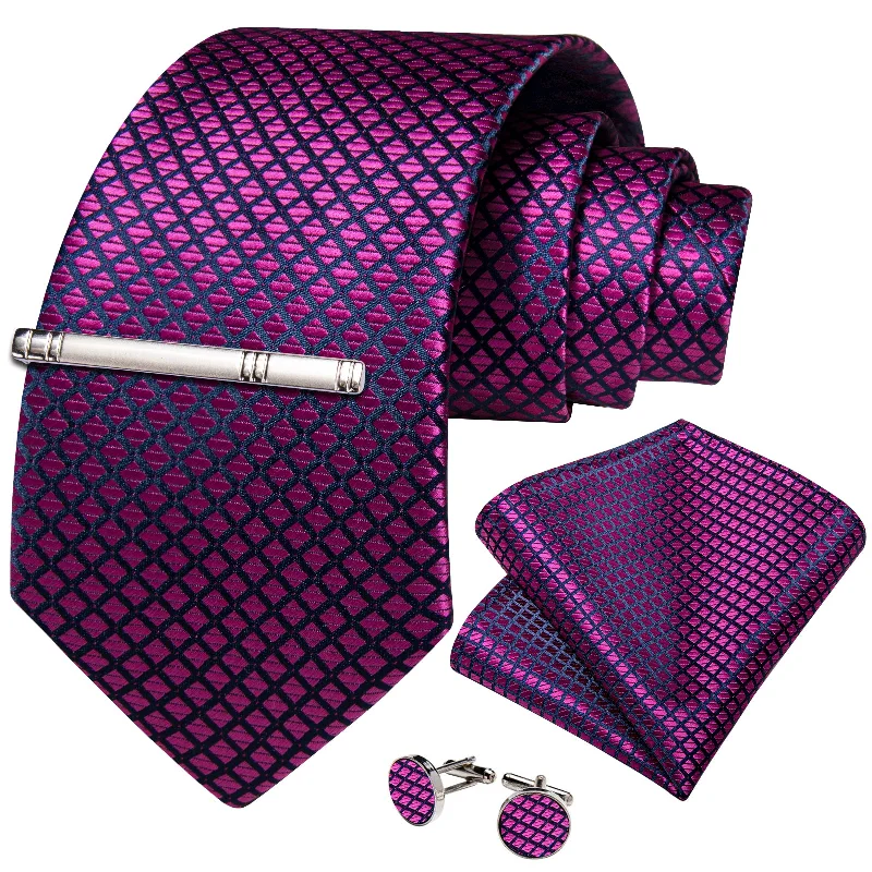 Men's modern necktie for business-DiBanGu Purple Tie Dark Magenta Plaid Men's Tie Handkerchief Cufflinks Clip Set