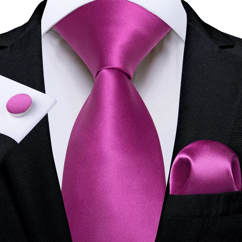 Best men's tie for weddings-DiBanGu Purple Tie Magenta Solid Men's Tie Handkerchief Cufflinks Set