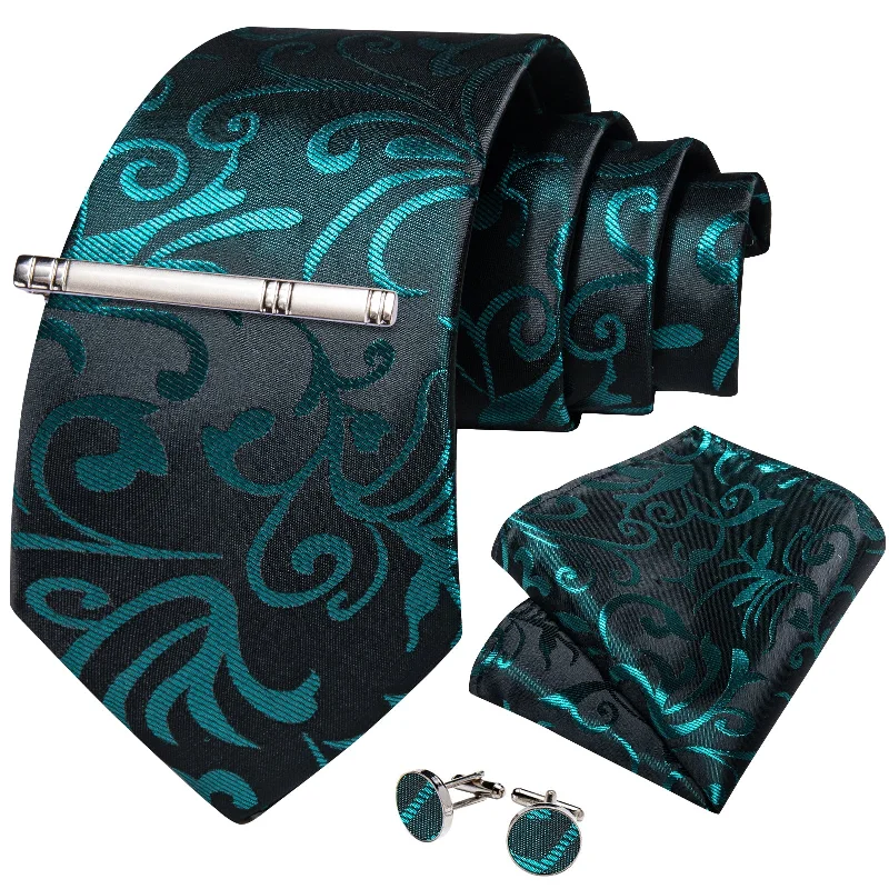 Men's designer silk tie-DiBanGu Silk Tie Black Teal Floral Men's Tie Handkerchief Cufflinks Clip Set