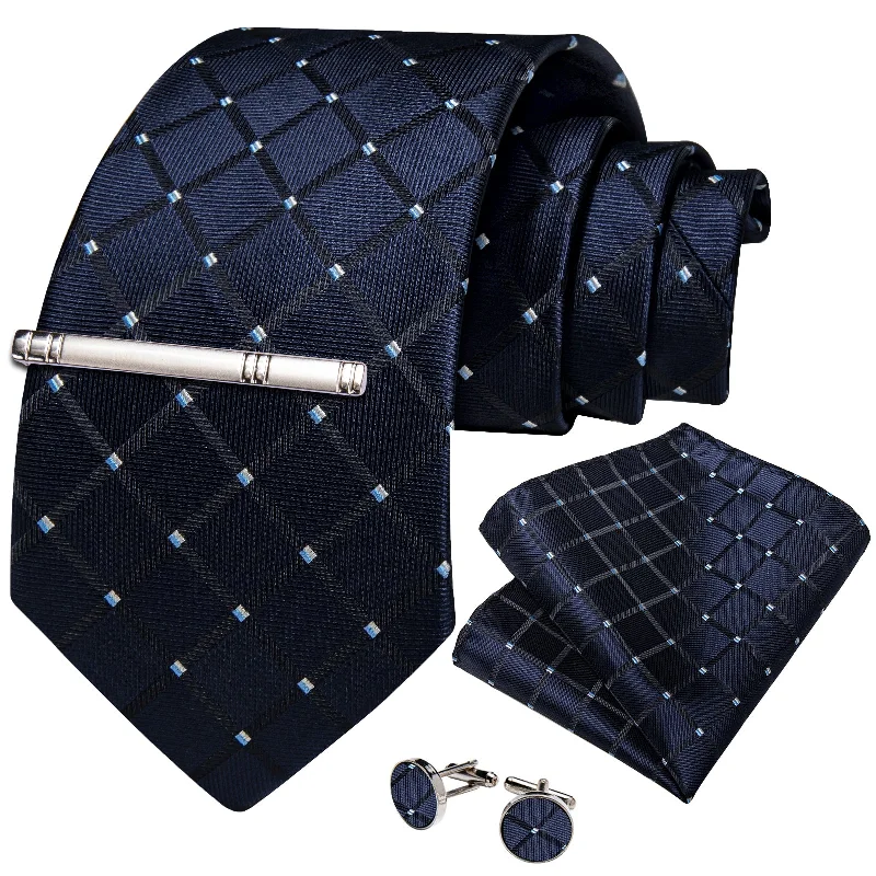 Men's tie for office interviews-DiBanGu Silk Tie Blue Plaid Men's Tie Handkerchief Cufflinks Clip Set