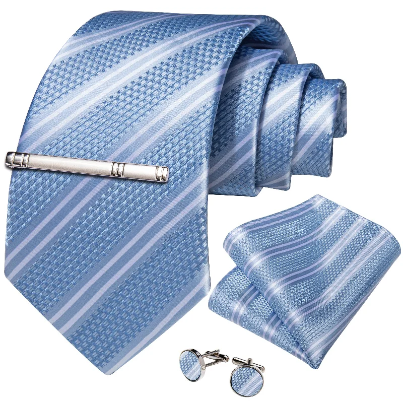 Men's tie with a diamond pattern-DiBanGu Silk Tie Blue White Striped Men's Tie Handkerchief Cufflinks Clip Set