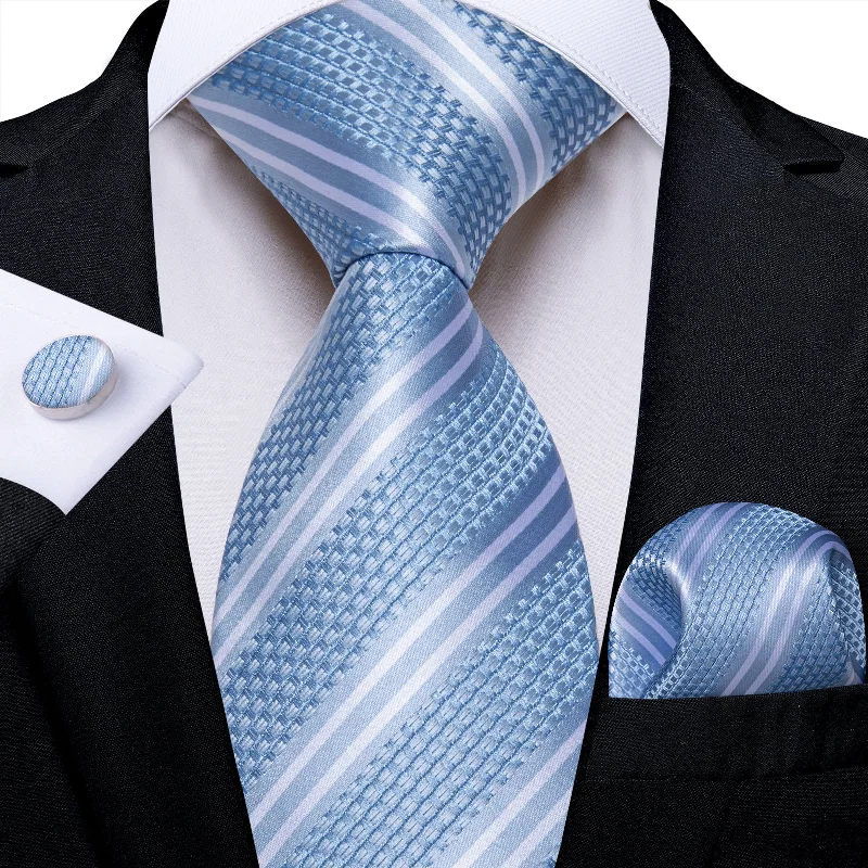 Men's tie for office parties-DiBanGu Silk Tie Blue White Striped Men's Tie Handkerchief Cufflinks Set