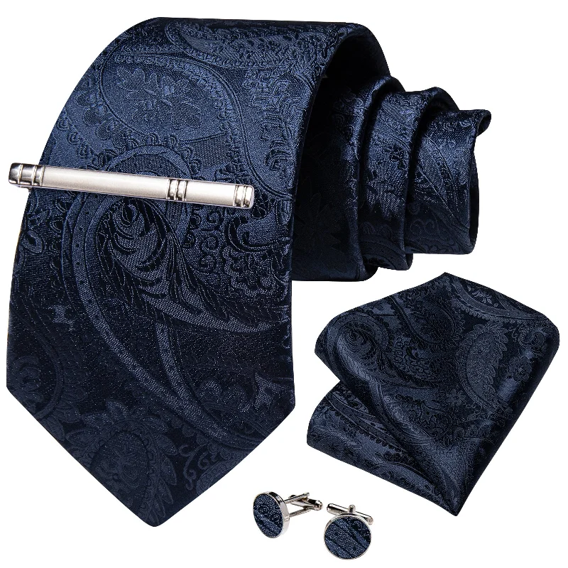 Men's high-end necktie-DiBanGu Silk Tie Dark Blue Floral Men's Tie Handkerchief Cufflinks Clip Set