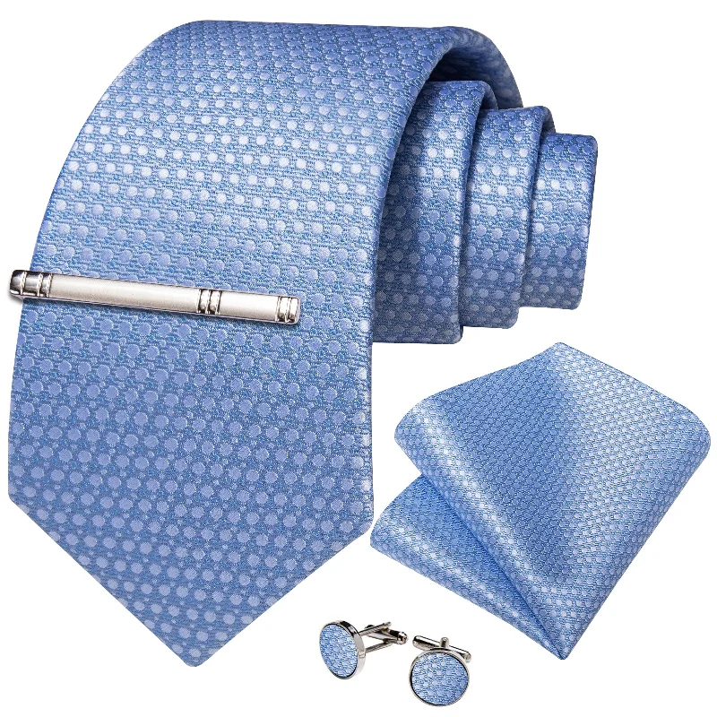 Men's tie with a diamond pattern design-DiBanGu Silk Tie Light Blue Polka Dot Solid Men's Tie Handkerchief Cufflinks Clip Set